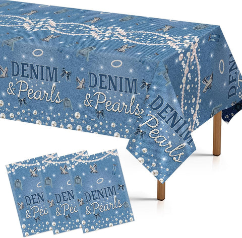 Grencian 3-piece denim and pearls tablecloth set with blue jeans and neon line art design