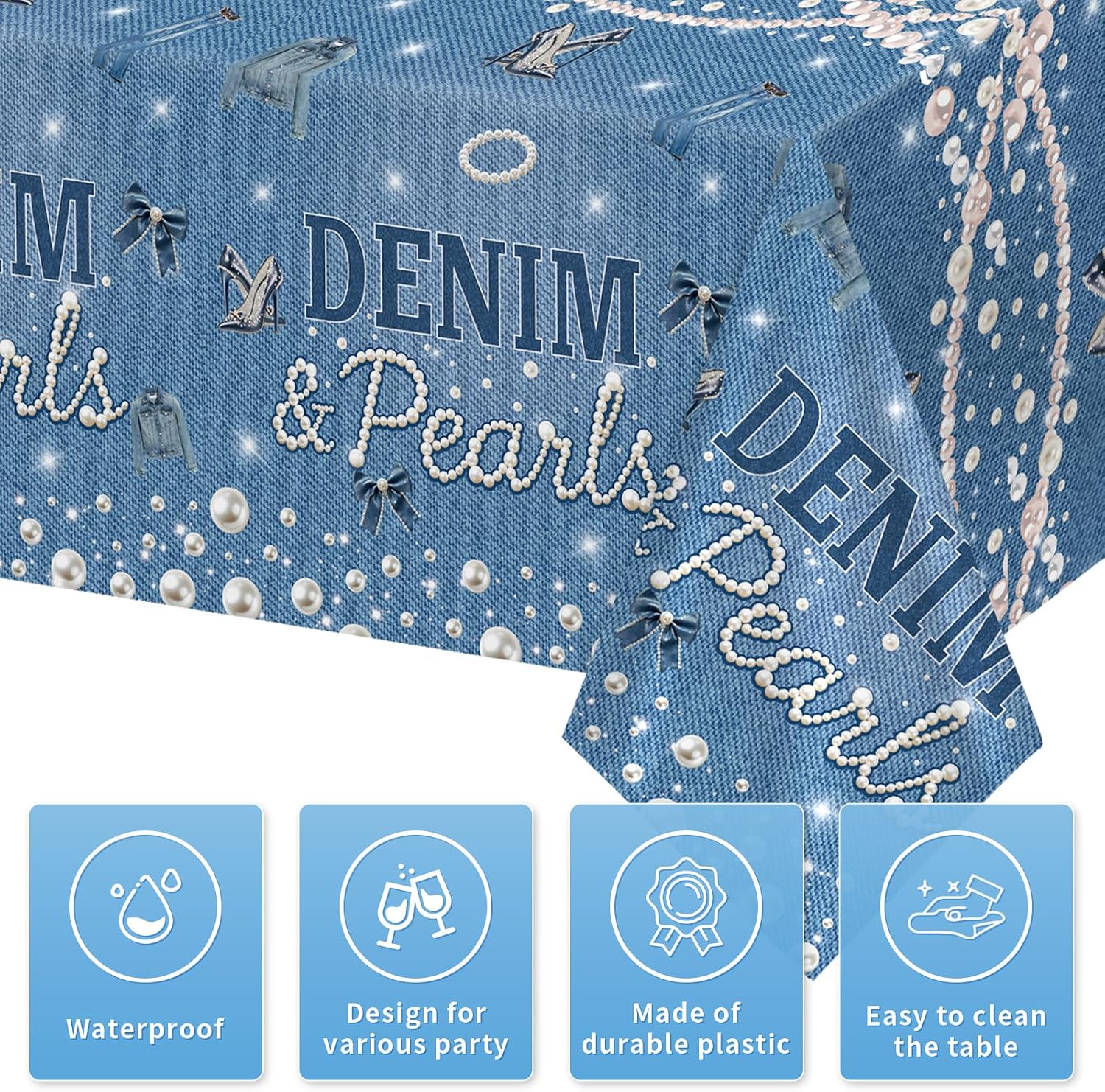 Close-up of denim tablecloth with neon fluorescent line art, high heels and pearls