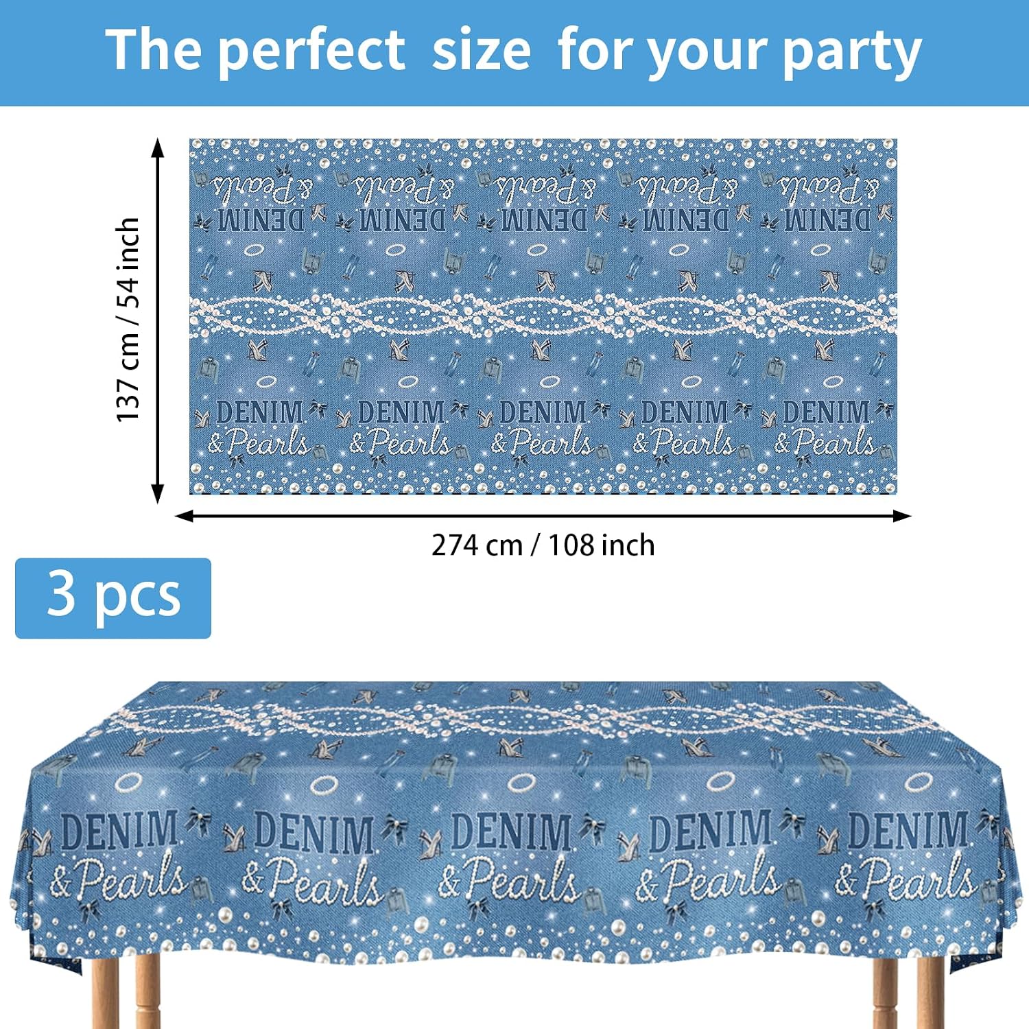 Flat lay of three denim and pearls tablecloths with blue jean pattern and pearl accents