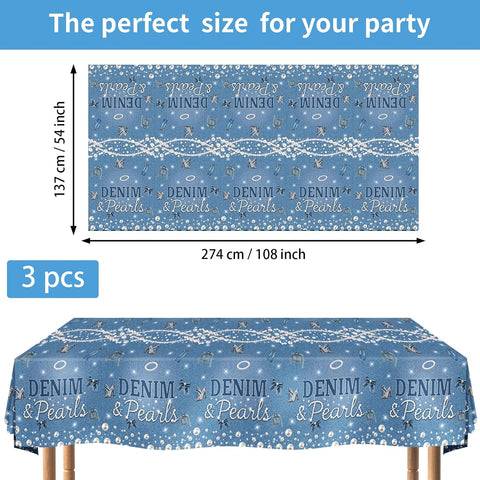 Flat lay of three denim and pearls tablecloths with blue jean pattern and pearl accents