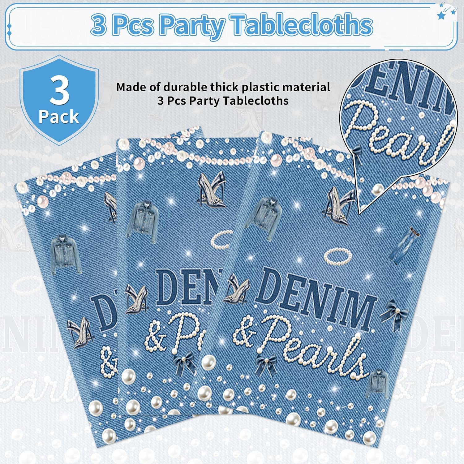 Denim and pearls tablecloth draped on party table with bridal shower decorations