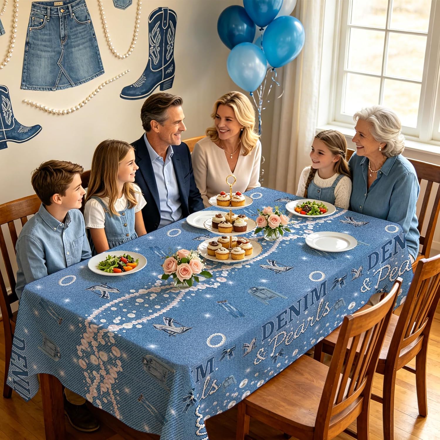 Package contents infographic showing 3 Grencian denim and pearls tablecloths
