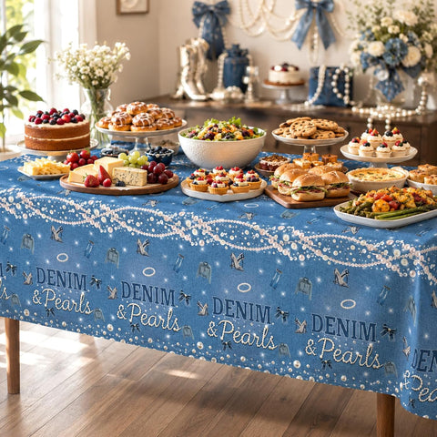 Bridal shower or engagement party scene with denim and pearls themed tablecloth