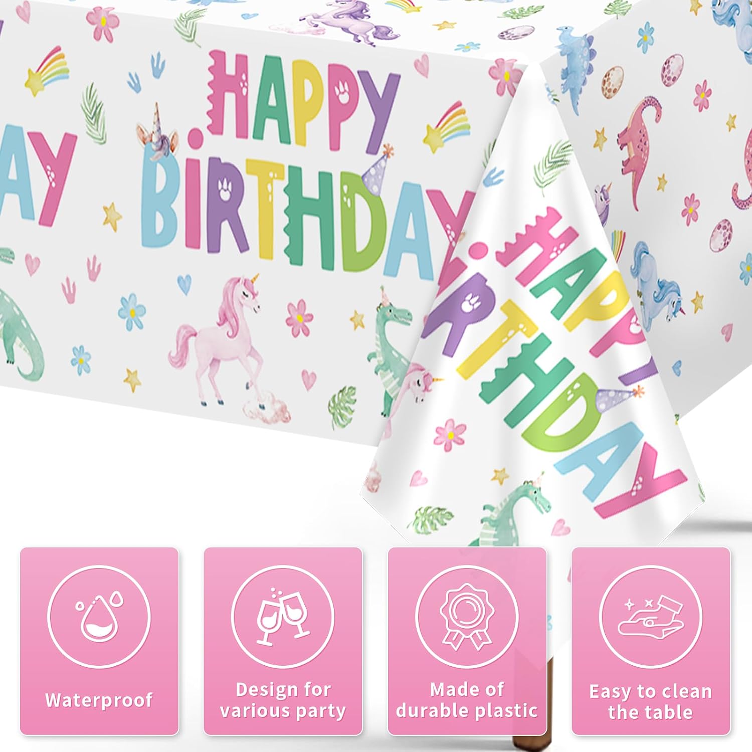 Close-up of rainbow dino unicorn plastic tablecloth with pastel pink background