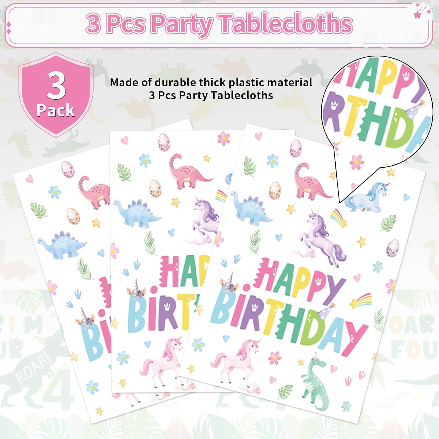 Dinosaur unicorn tablecloth draped on party table with pastel themed decorations