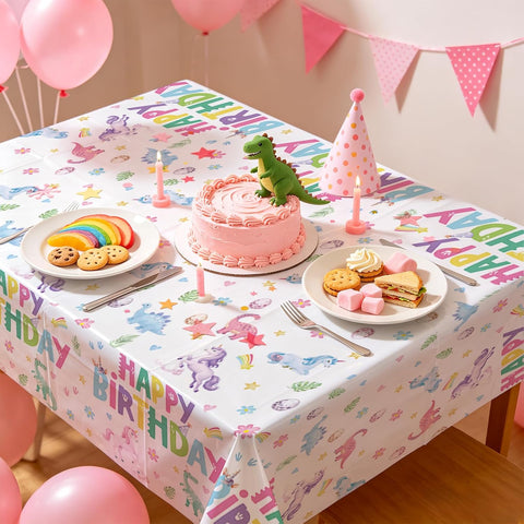 Kids birthday party scene with rainbow dinosaur unicorn themed tablecloth