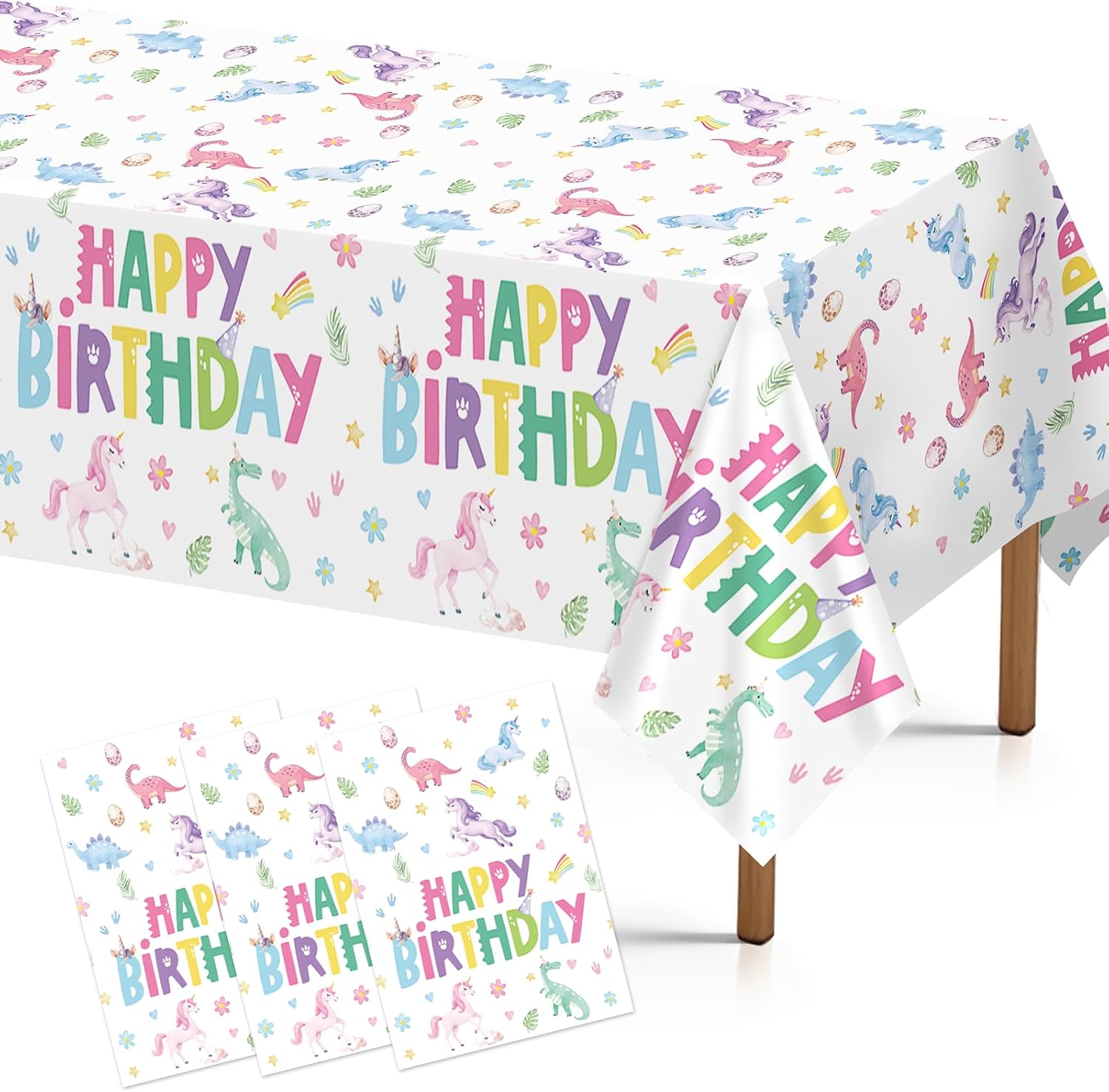 Grencian 3-piece dinosaur unicorn birthday tablecloth set with pastel pink rainbow design