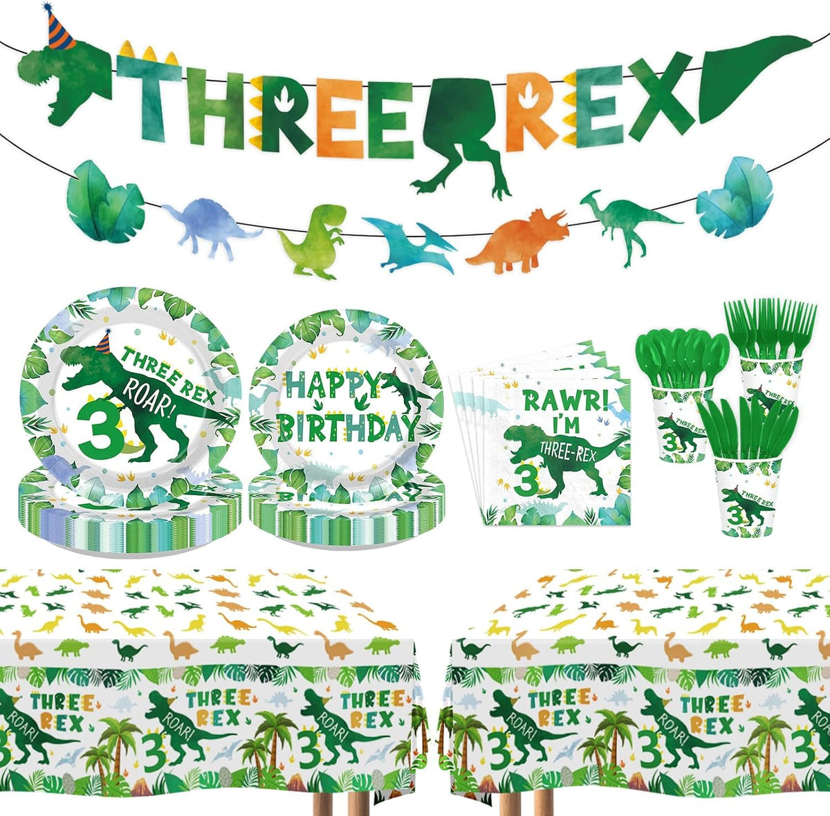 171Pcs Dinosaur 3rd Birthday Party Supplies Serves 24 - Grencian