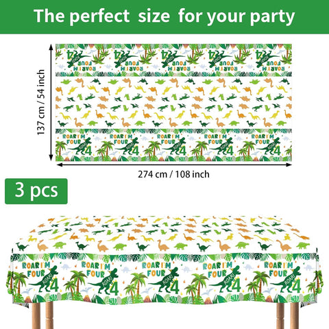 Flat lay of three dinosaur 4th birthday tablecloths with T-Rex and colorful dinosaur pattern