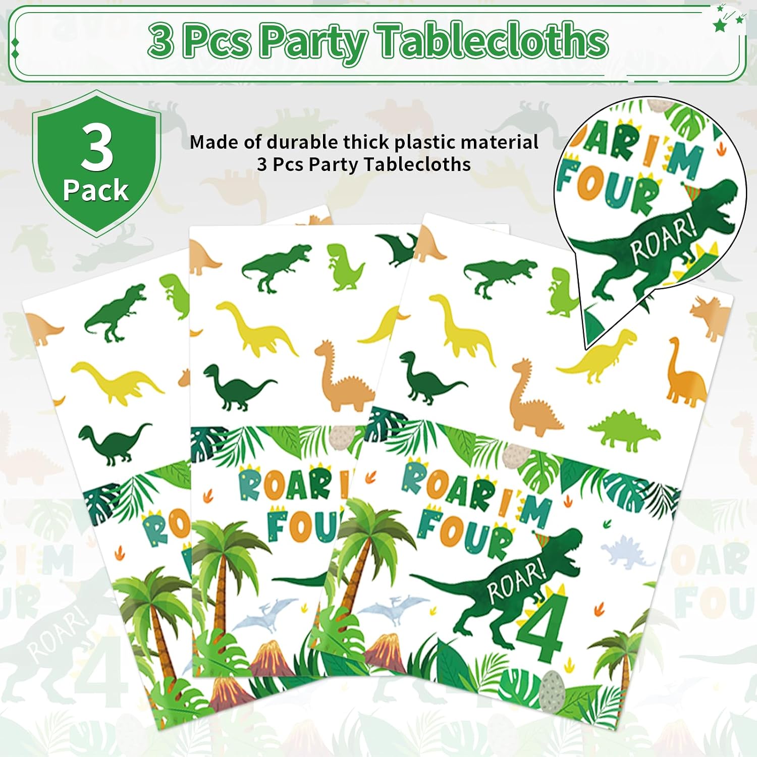 Dinosaur 4th birthday tablecloth draped on party table with dino themed decorations
