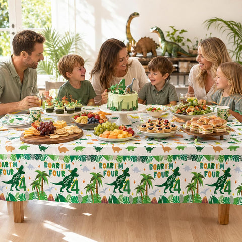 Package contents infographic showing 3 Grencian dinosaur 4th birthday tablecloths