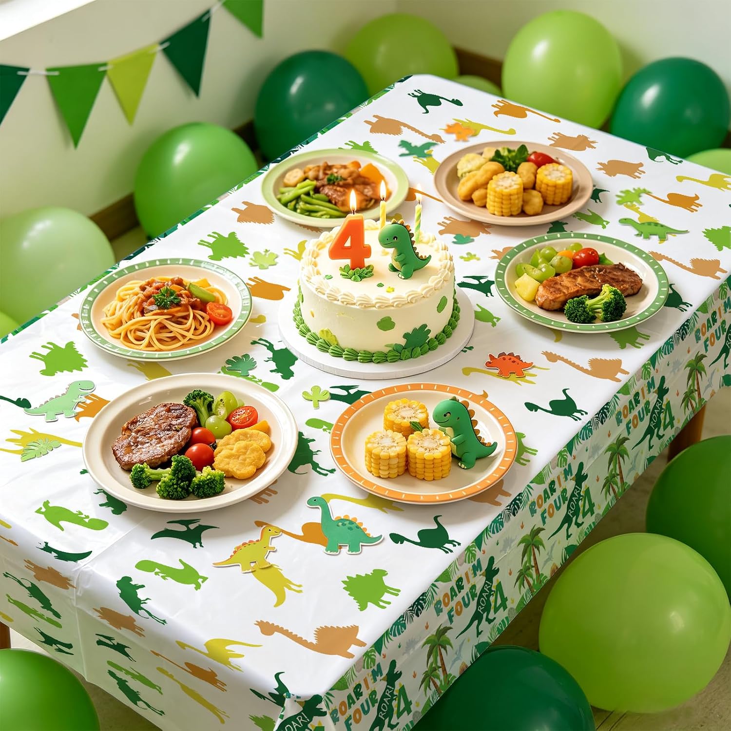 Boys 4 year old dinosaur birthday party scene with Four Rex tablecloth