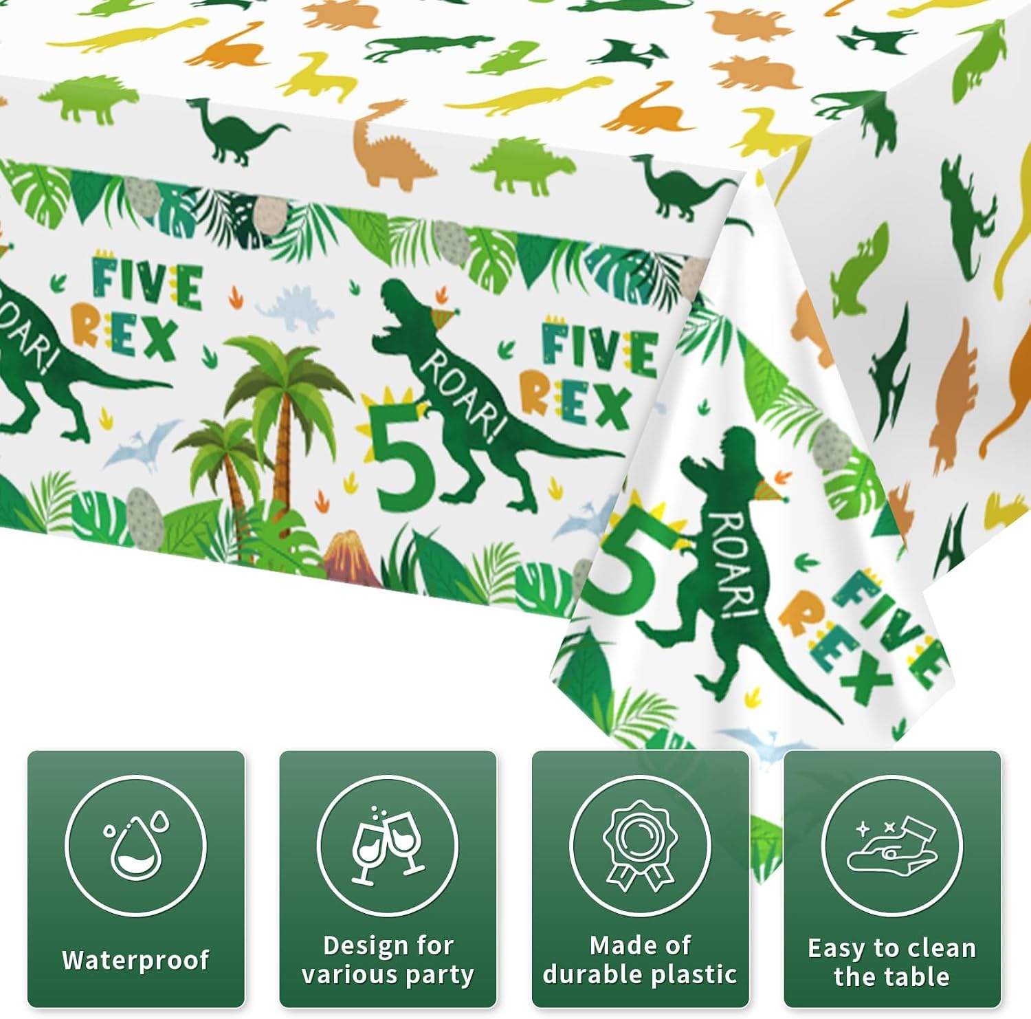 Close-up of dinosaur 5th birthday plastic tablecloth with Five Rex dinosaur pattern