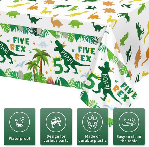 Close-up of dinosaur 5th birthday plastic tablecloth with Five Rex dinosaur pattern