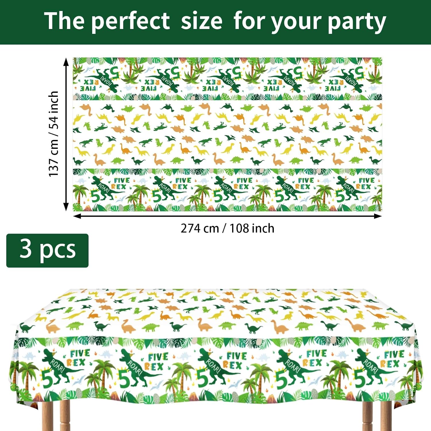 Flat lay of three dinosaur 5th birthday tablecloths with green T-Rex and festive lettering