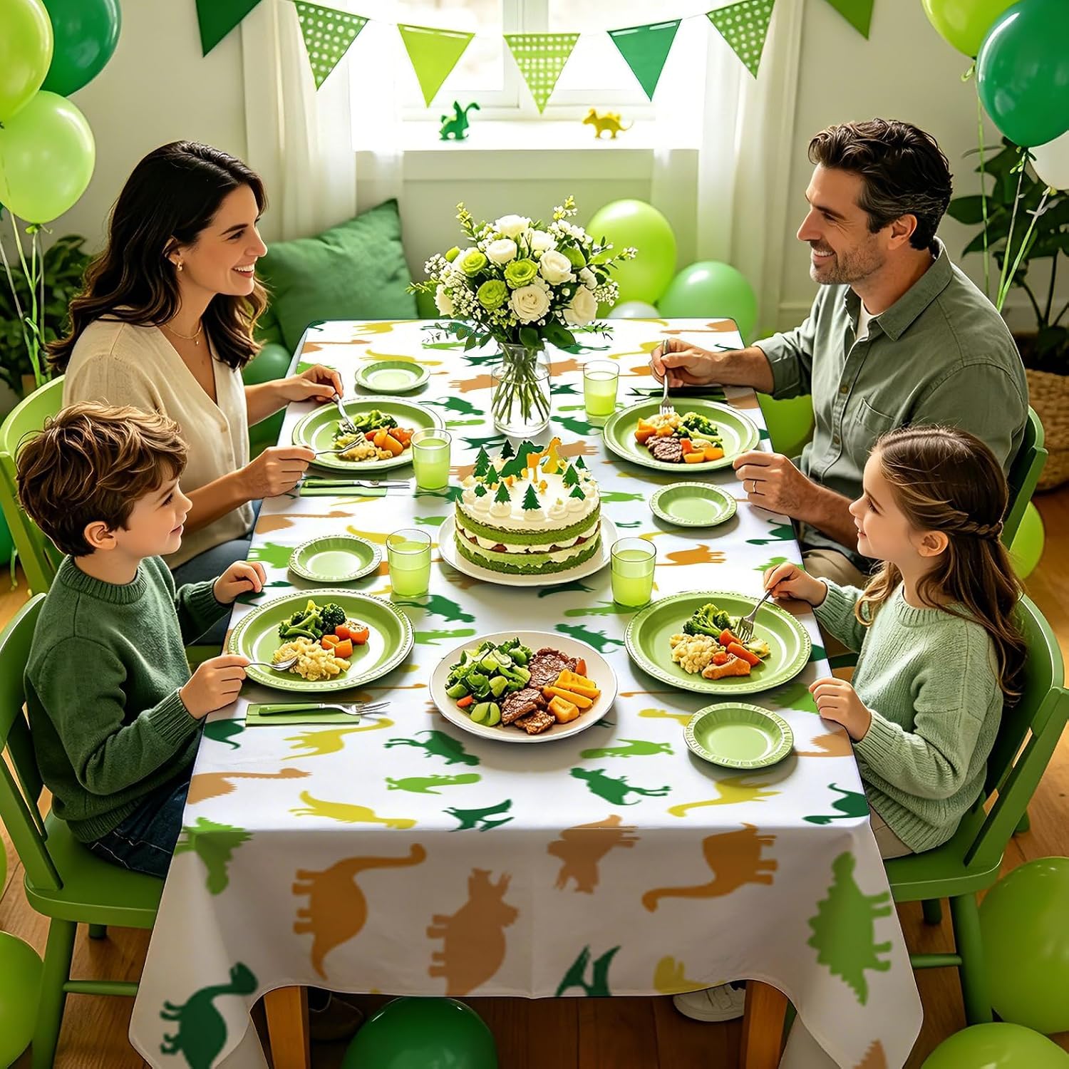 Package contents infographic showing 3 Grencian dinosaur 5th birthday tablecloths
