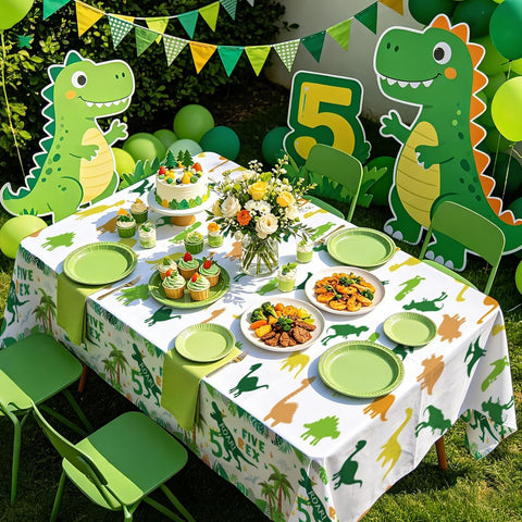 Boys 5 year old dinosaur birthday party scene with Five Rex tablecloth