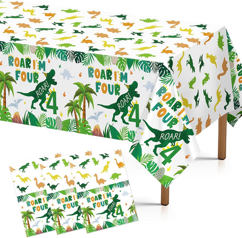 Grencian 3-piece dinosaur 4th birthday tablecloth set with green T-Rex and Roar I'm Four design