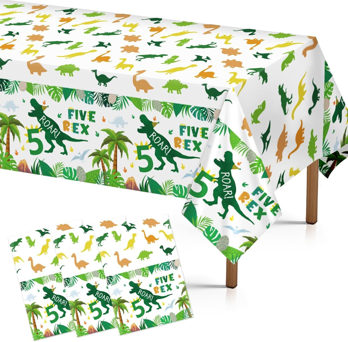Grencian 3-piece dinosaur 5th birthday tablecloth set with Five Rex T-Rex and Roar I'm Five design