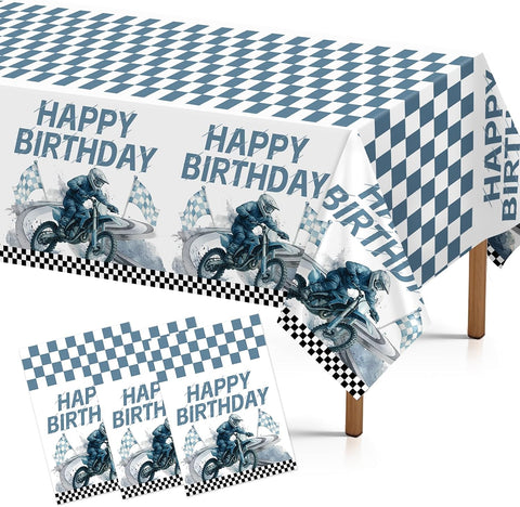 Grencian 3-piece dirt bike birthday tablecloth set with checkered motocross design