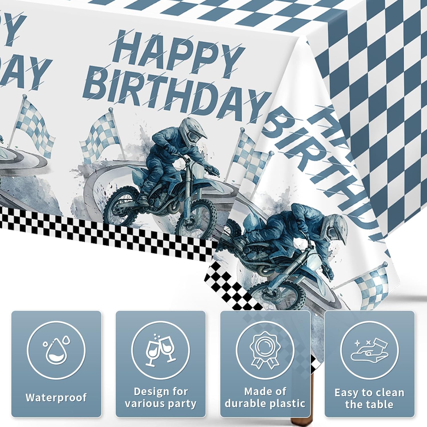 Close-up of dirt bike plastic tablecloth with motocross motorcycle graphics