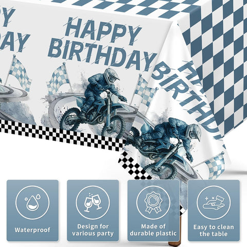 Close-up of dirt bike plastic tablecloth with motocross motorcycle graphics