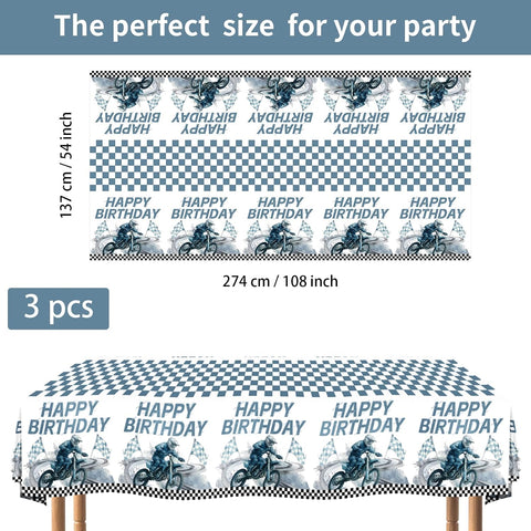 Flat lay of three dirt bike birthday tablecloths with motocross bikes and checkerboard pattern