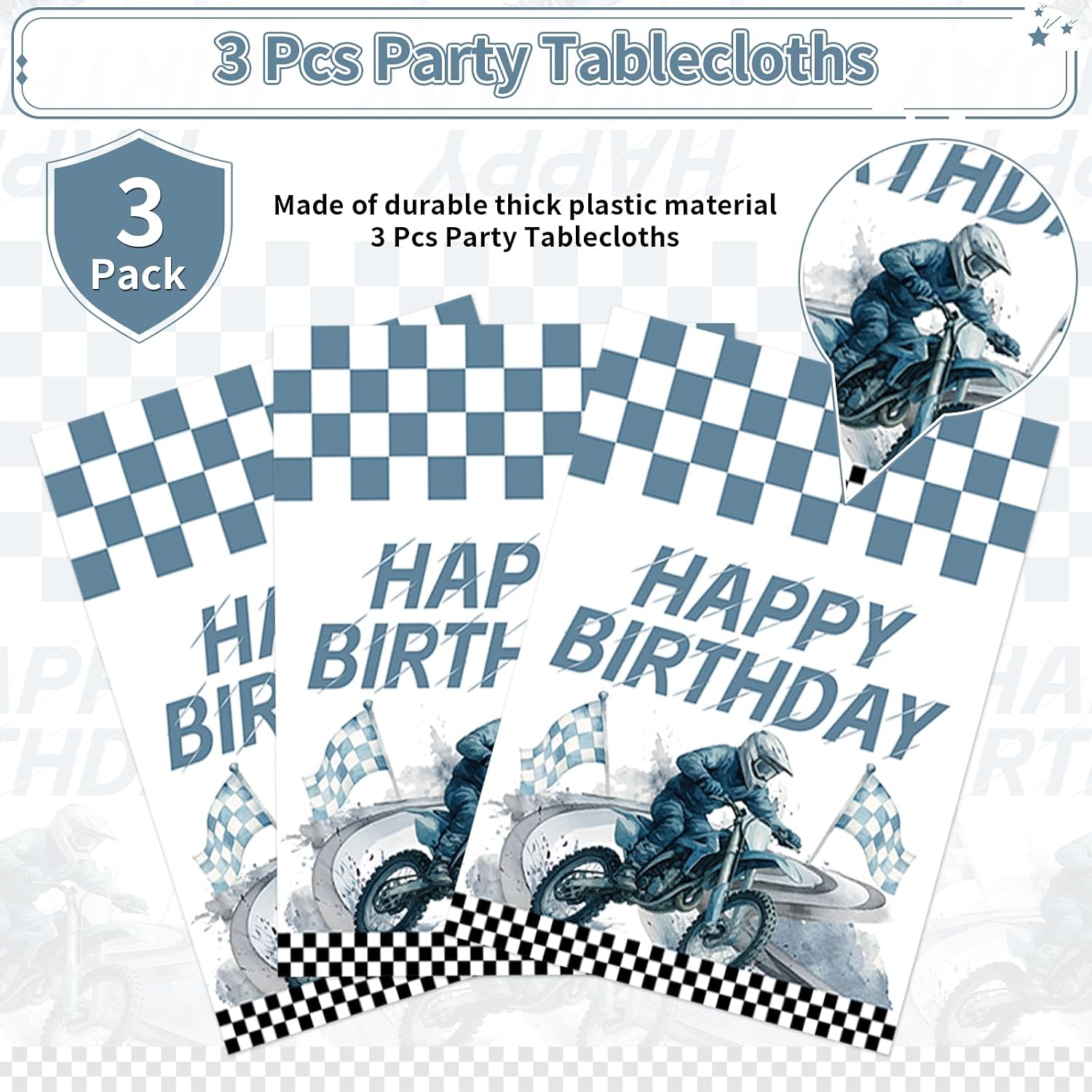 Dirt bike birthday tablecloth draped on party table with racing themed decorations