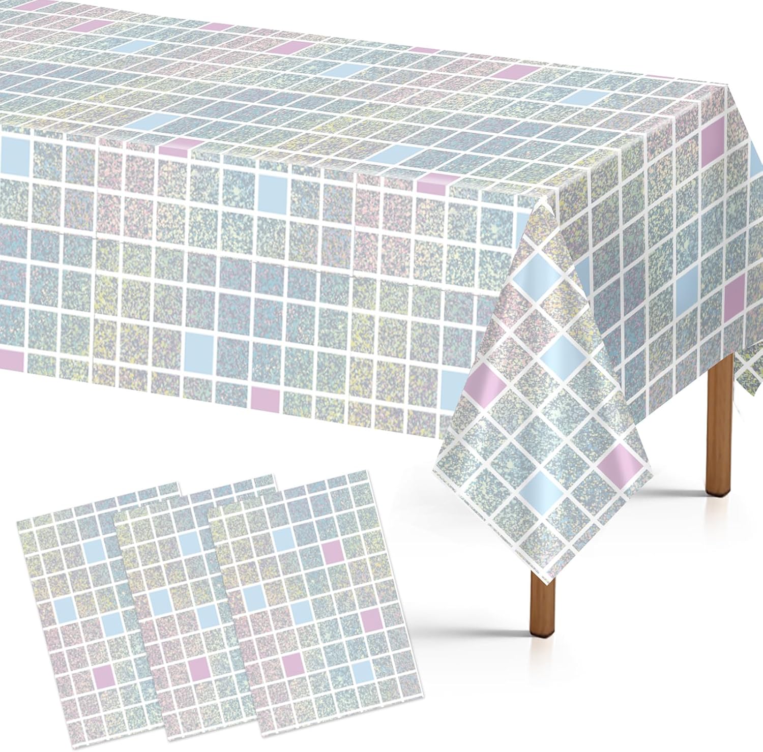 Grencian 3-piece disco iridescent tablecloth set with holographic pink and silver glitter effect