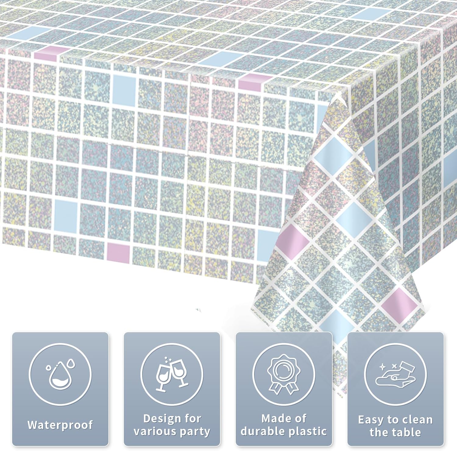 Close-up of iridescent disco plastic tablecloth with holographic glitter finish
