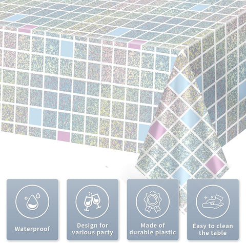 Close-up of iridescent disco plastic tablecloth with holographic glitter finish