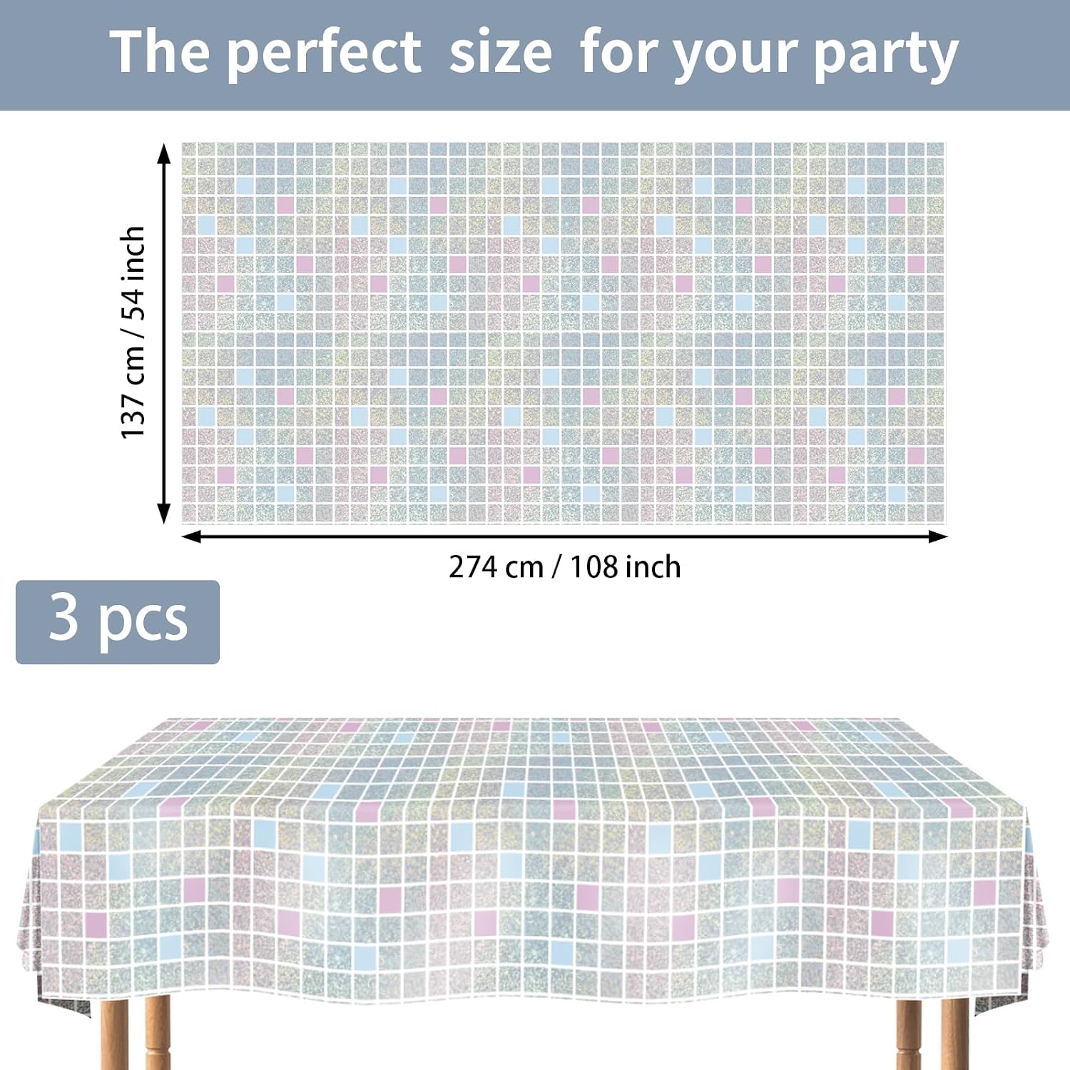 Flat lay of three holographic disco tablecloths showing iridescent pink silver shimmer