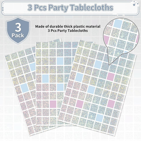 Disco iridescent tablecloth draped on party table with holographic themed decorations