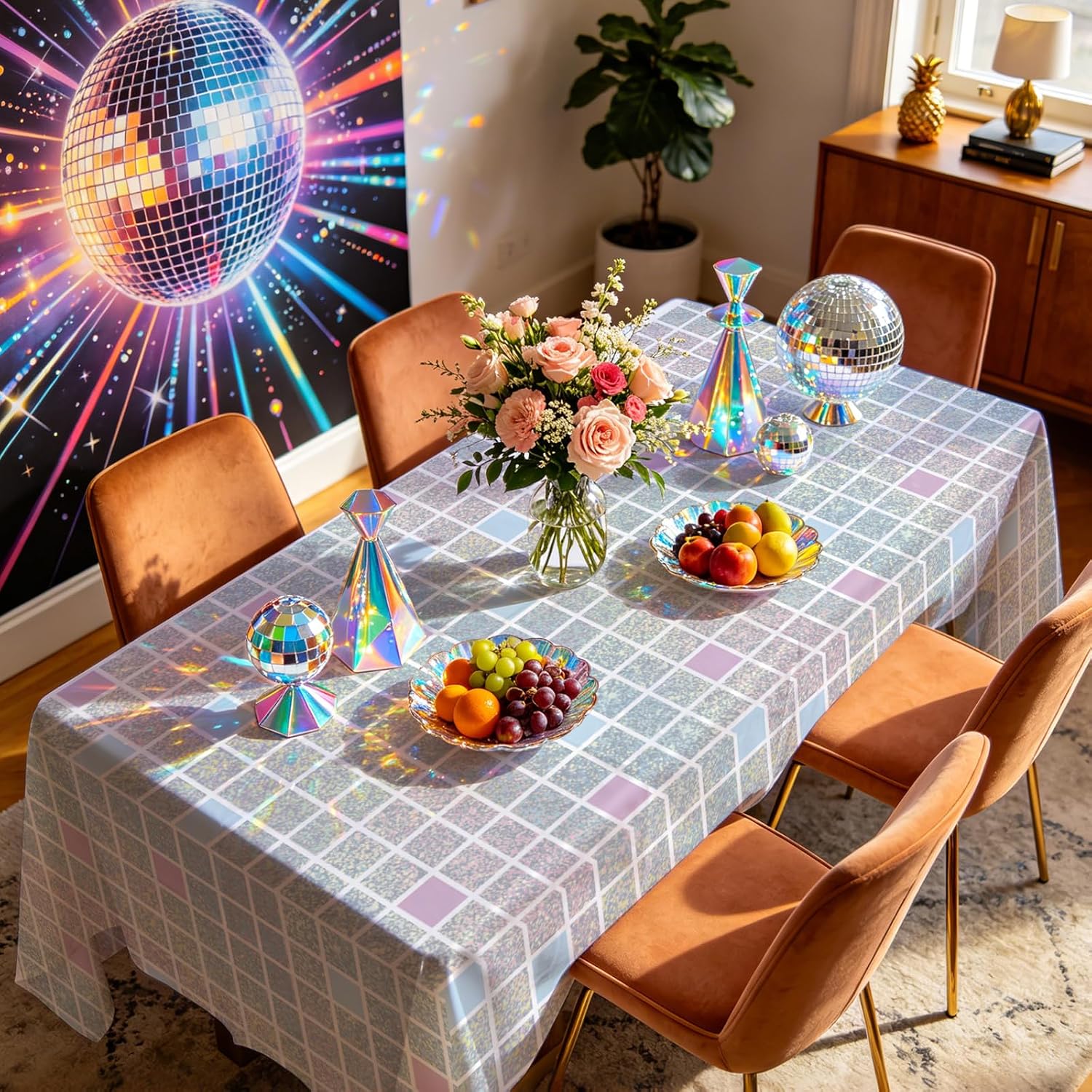 Package contents infographic showing 3 Grencian disco iridescent tablecloths