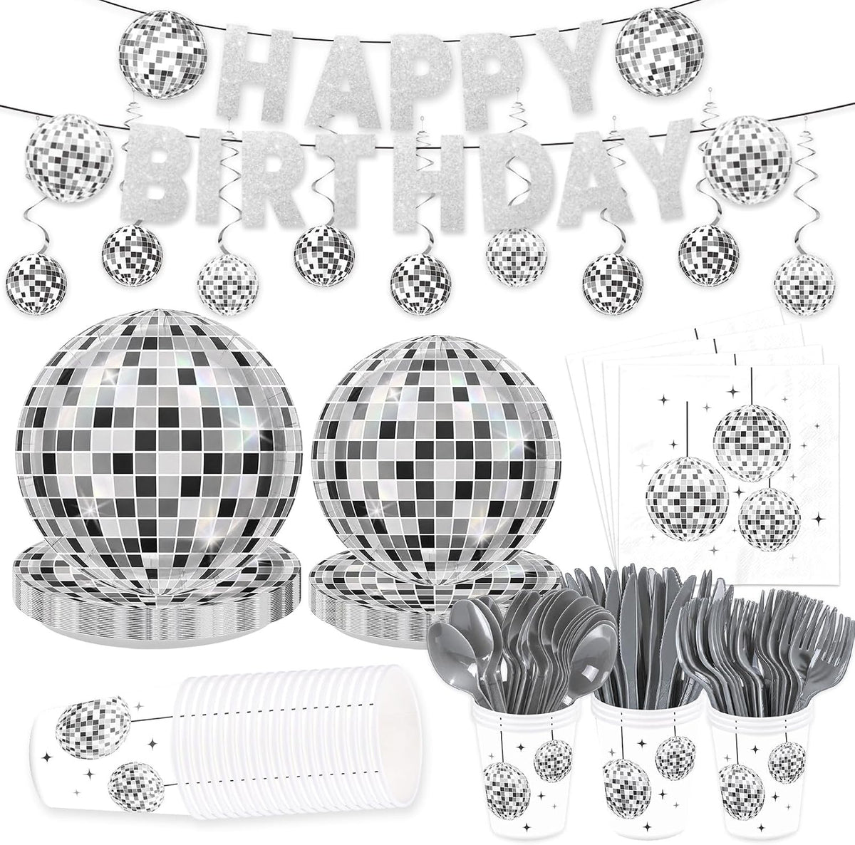 178Pcs Disco Ball Party Supplies Serves 24 - Grencian
