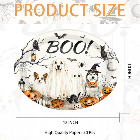 Single oval Halloween dog plate showing the full scene