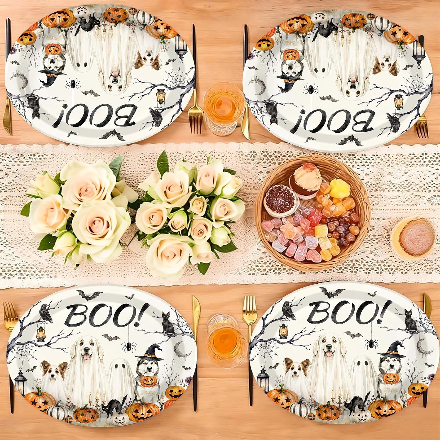 Stack of Halloween dog oval party plates