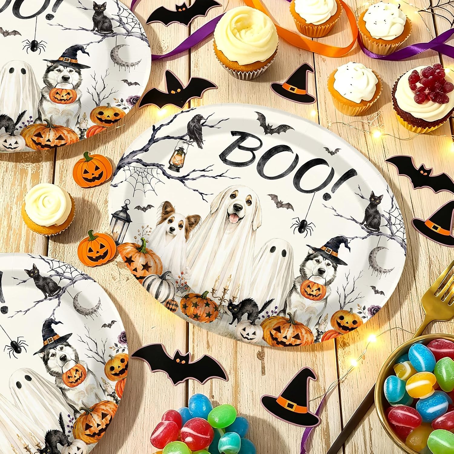 Dog and pumpkin plate detail in watercolour style