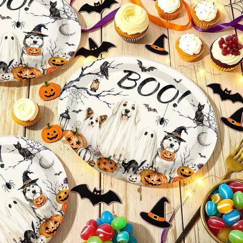 Dog and pumpkin plate detail in watercolour style