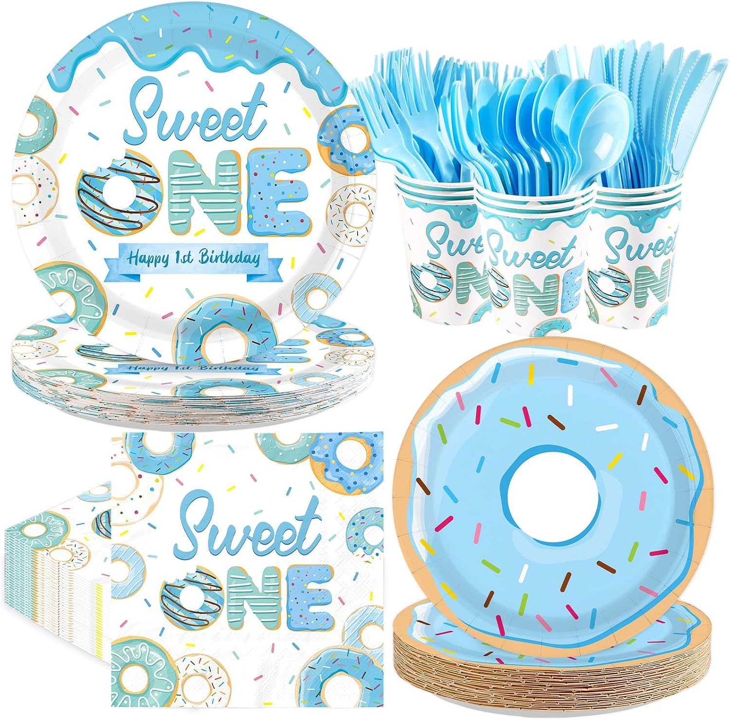 Greencian 168-piece blue donut Sweet One 1st birthday supplies with donut tableware