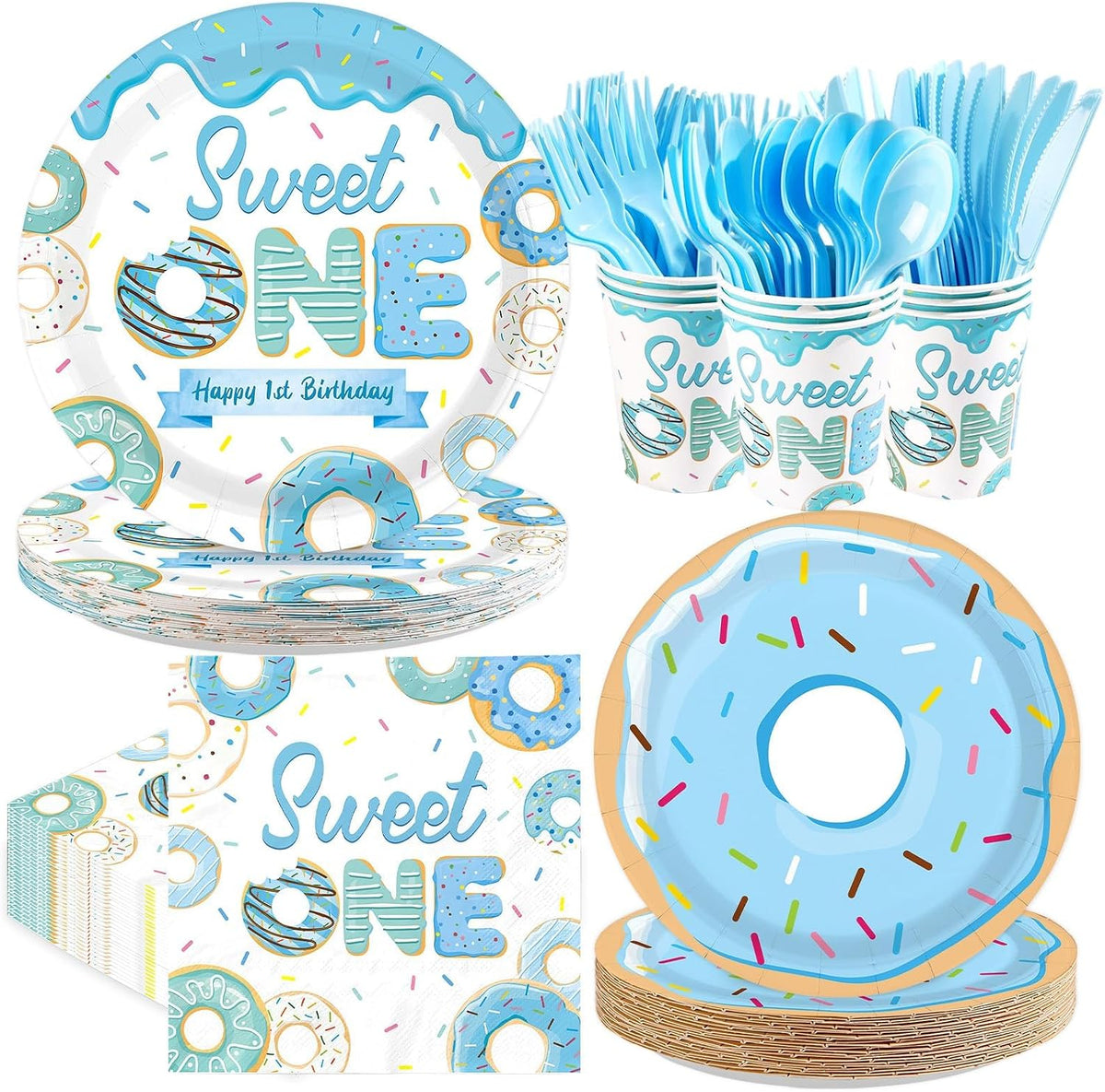 Greencian 168-piece blue donut Sweet One 1st birthday supplies with donut tableware