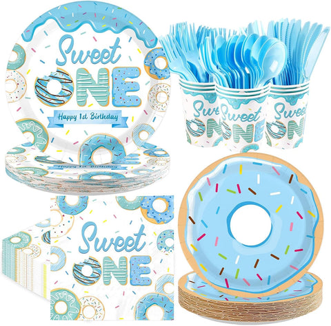 Greencian 168-piece blue donut Sweet One 1st birthday supplies with donut tableware