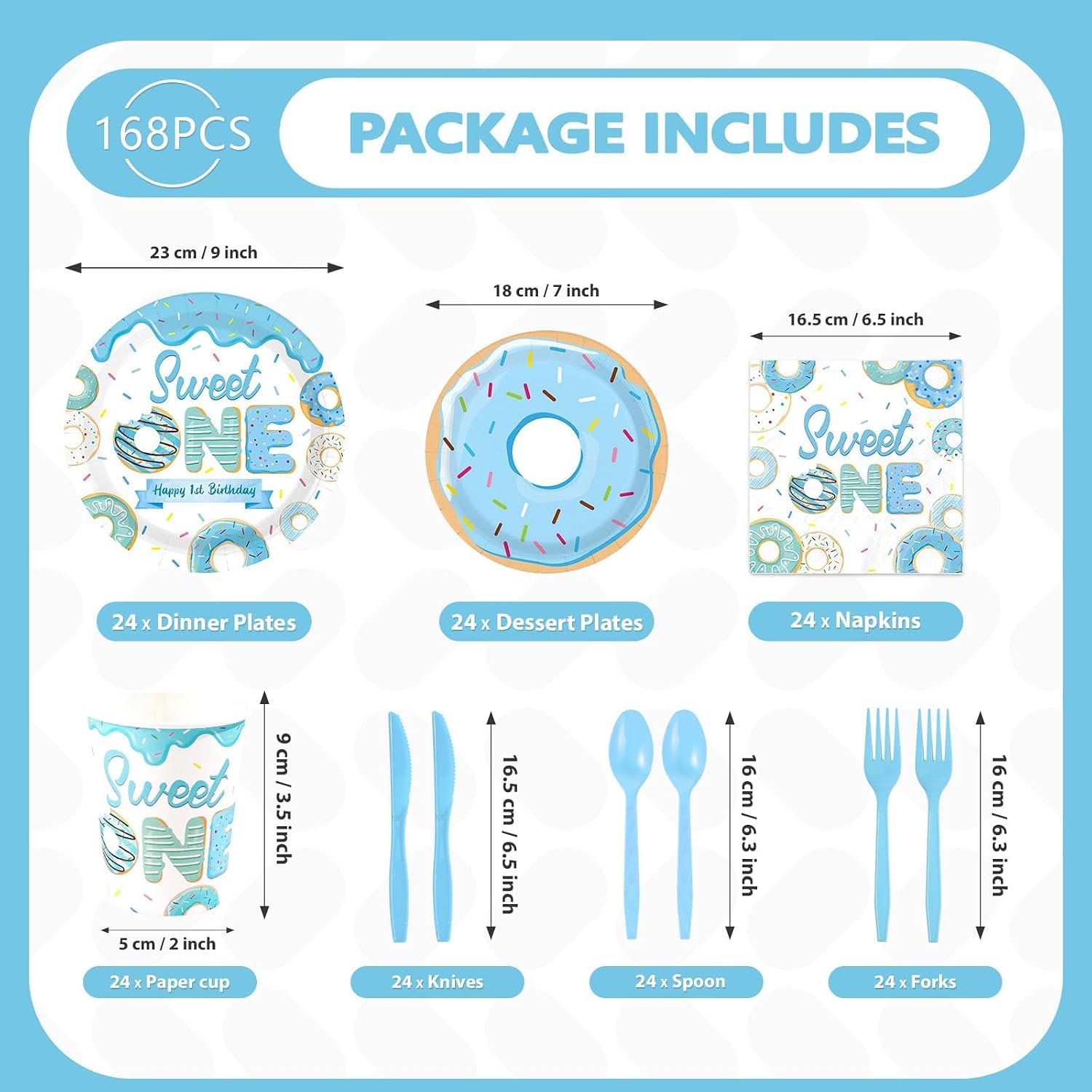 Close-up of Sweet One blue donut paper plate