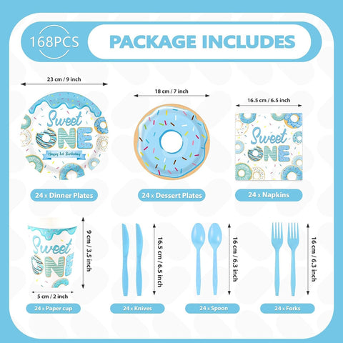 Close-up of Sweet One blue donut paper plate