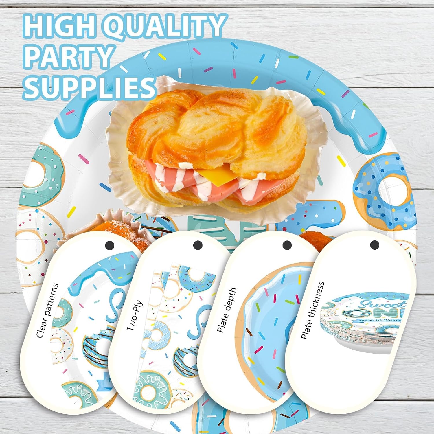 Baby boy one year old party table with blue donut tableware
