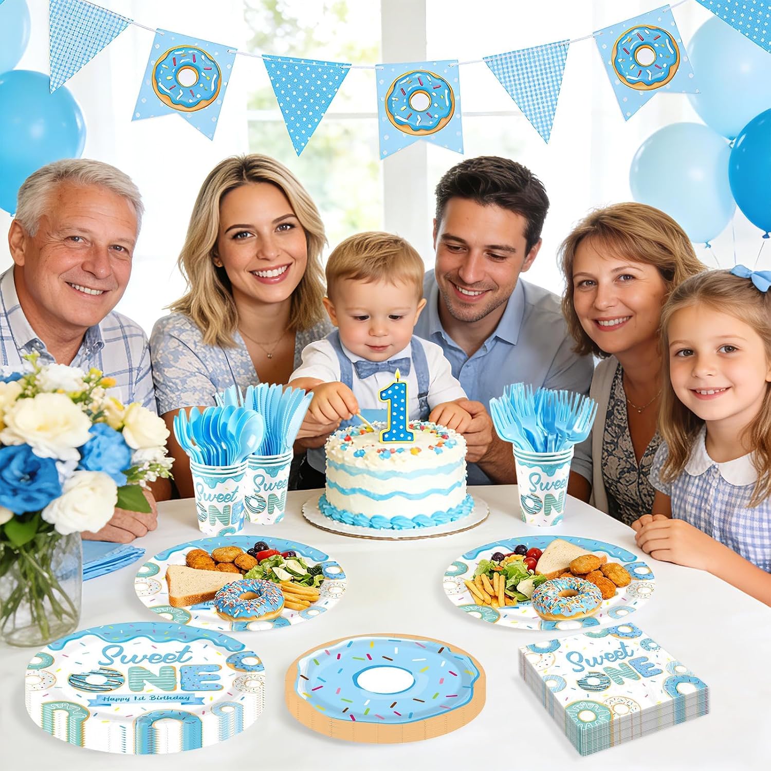 Sweet donut 1st birthday party scene with blue tableware