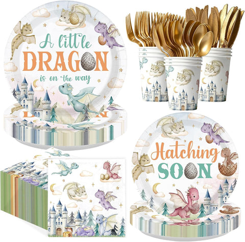 Greencian 168-piece dragon baby shower decorations with A Little Dragon tableware