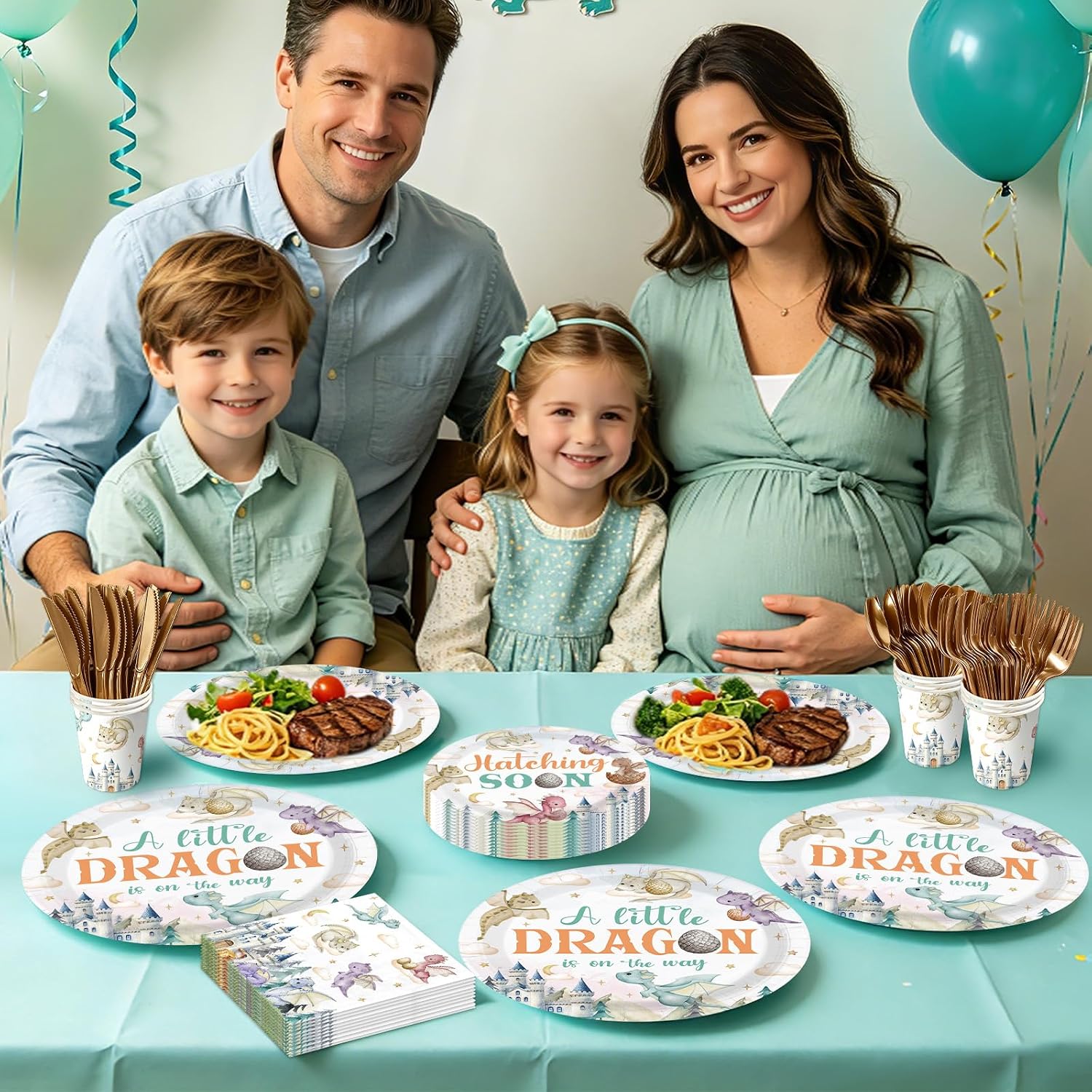 Package contents infographic showing dragon baby shower set