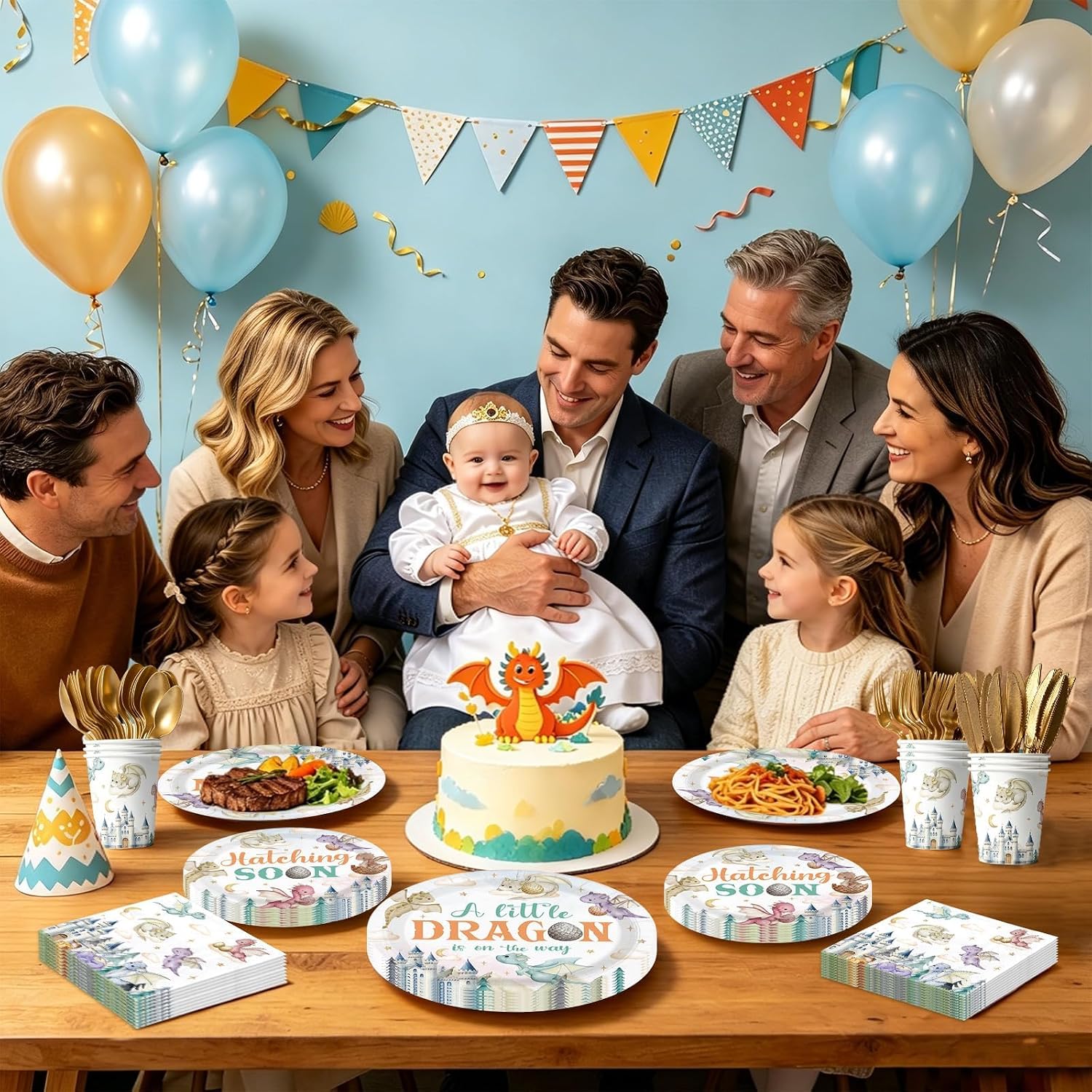 Gender reveal birthday party scene with dragon tableware