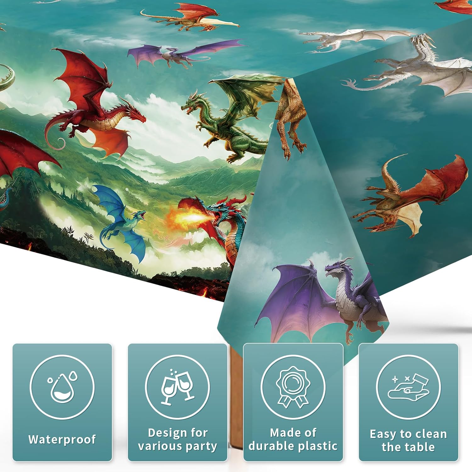 Close-up of dragon plastic tablecloth with medieval fantasy dragon design